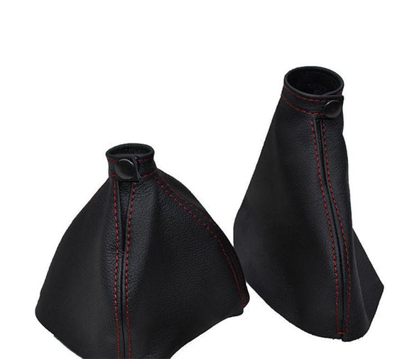 Give your interior premium look with high red stitched quality leather replacement parts for your shift and handbrake boots.     Product specification: Material: real leather   Easy instalation    Package includes:  Red stitched real leather shift + handbrake boots