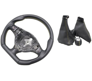 Modified steering wheel, Shift and handbrake for Alfa Romeo 147 GT made with combination of smooth and perforated premium leather with yellow stitching